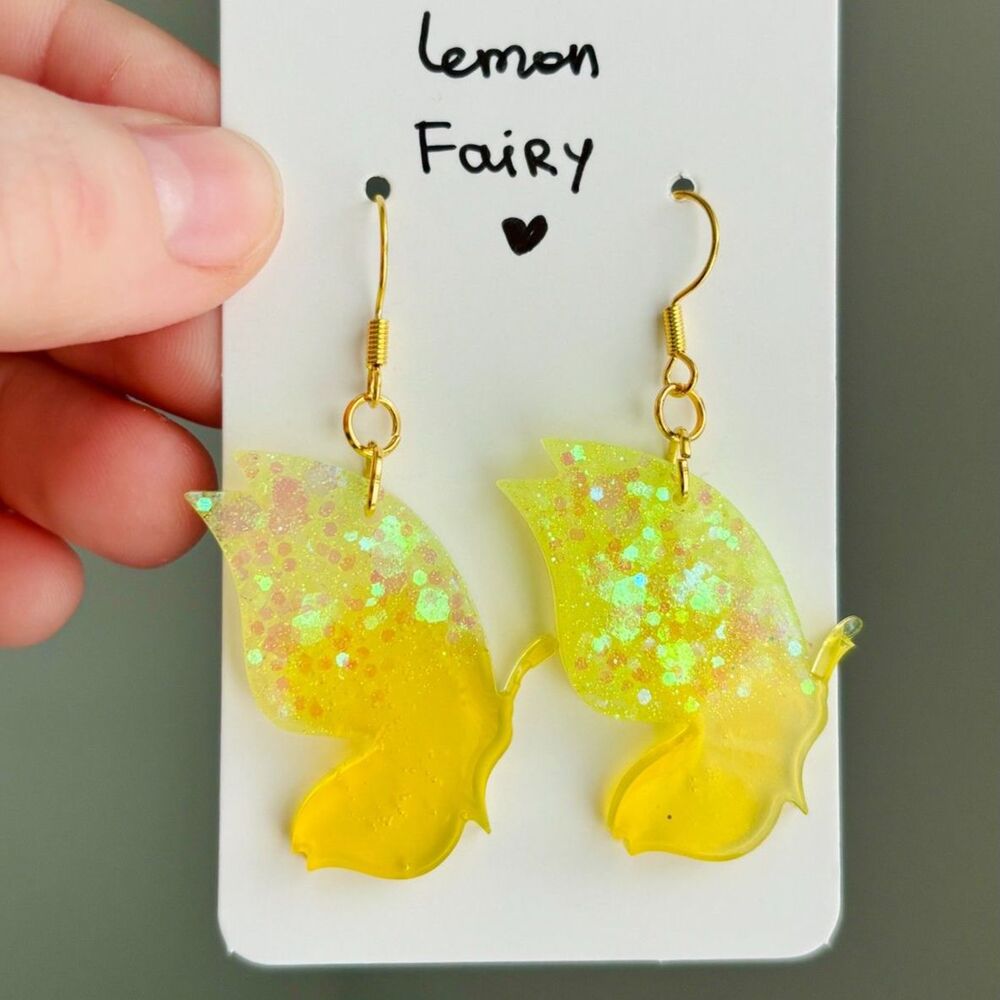 Yellow Butterfly Earrings, Iridescent Glitter Resin Dangles, Whimsical Jewelry
